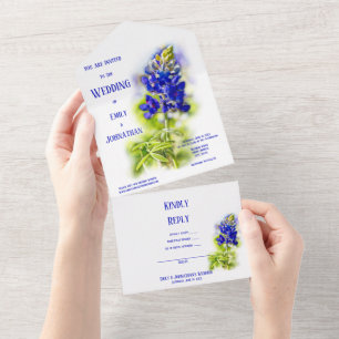 Beautiful Bluebonnet Floral, Modern Wedding All In One Invitation