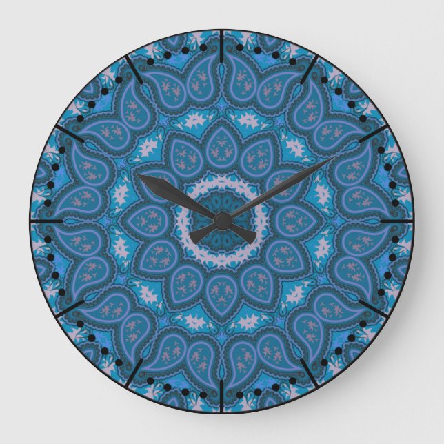 Beautiful Blues Boho Paisley Large Clock (Front)