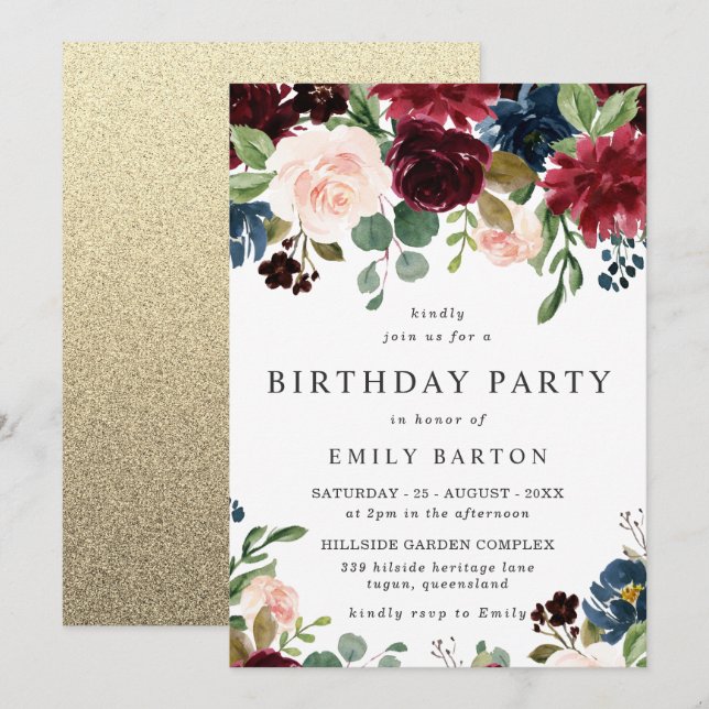 Beautiful Blush & Burgundy Gold Birthday Party Invitation (Front/Back)