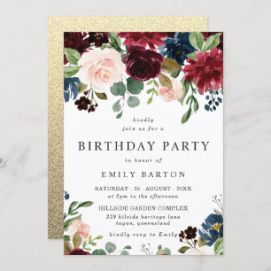 Beautiful Blush & Burgundy Gold Birthday Party Invitation