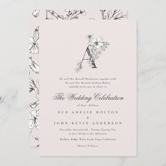 Beautiful Blush Floral 'A' Monogram Sketched Invitation (Front/Back)
