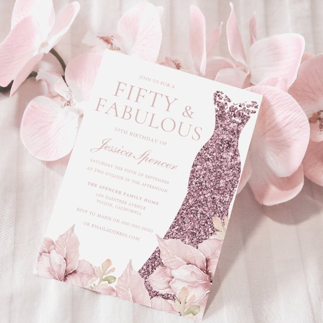Beautiful Blush Floral & Dress 50th Birthday Party Invitation (Creator Uploaded)