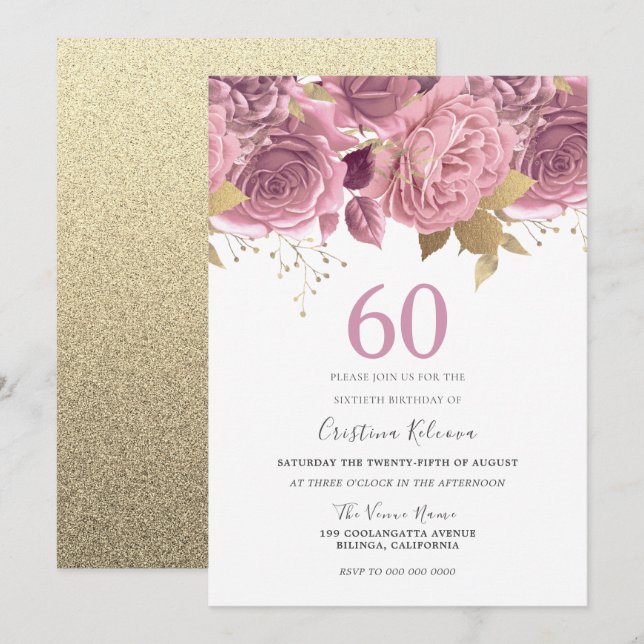 Beautiful Blush Floral & Gold 60th Birthday Party Invitation (Front/Back)