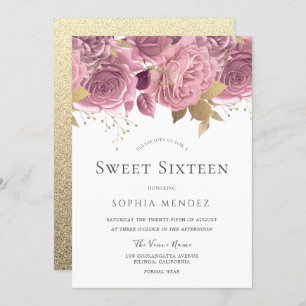 Beautiful Blush Floral & Gold Sweet Sixteen Invitation