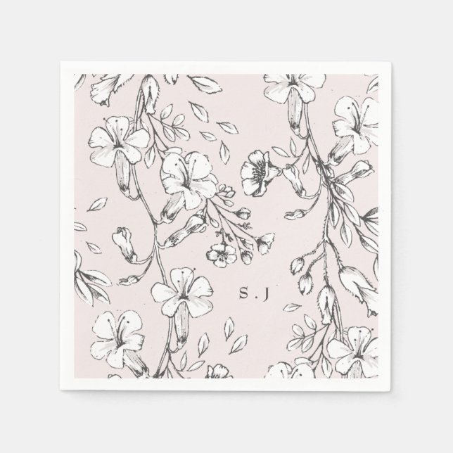 Beautiful Blush Floral Monogram Sketched Wedding Napkin (Front)