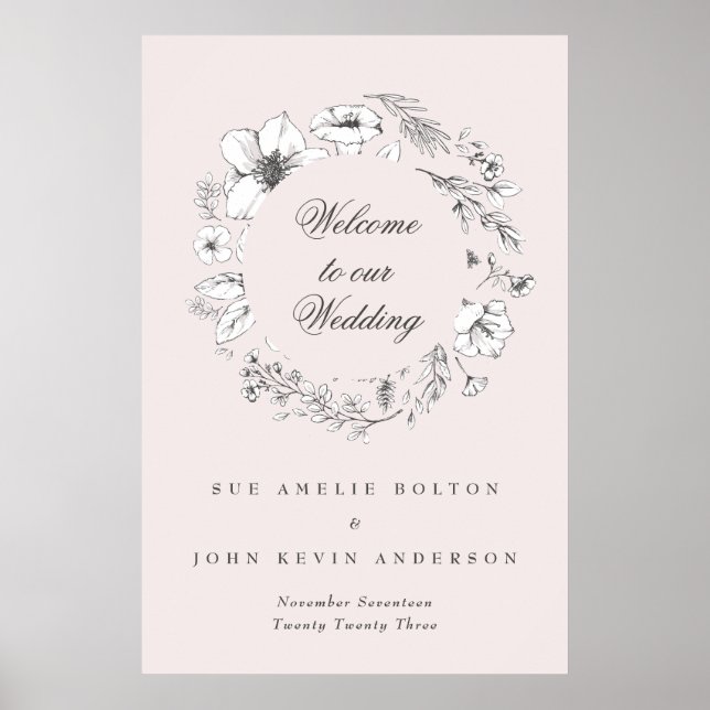 Beautiful Blush Floral Monogram Sketched Welcome Poster (Front)