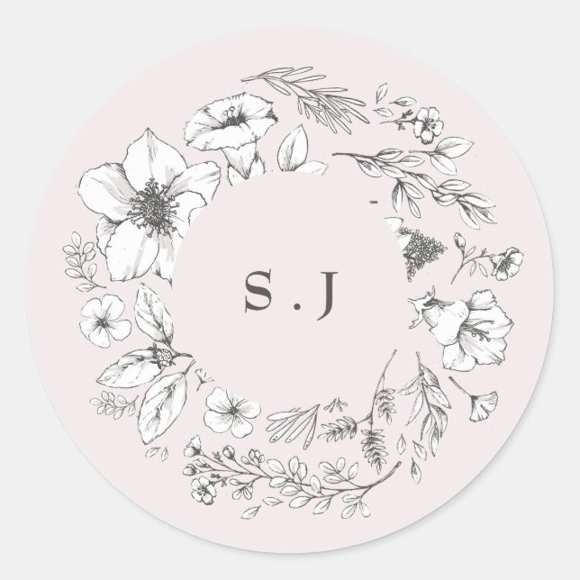Beautiful Blush Floral Monogram Sketched Wreath Classic Round Sticker (Front)