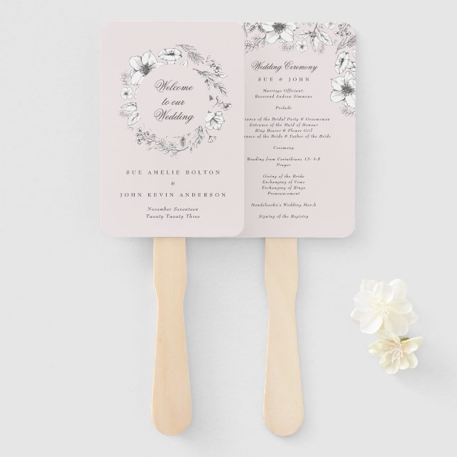 Beautiful Blush Floral Sketched Wedding Program Hand Fan (Front and Back)