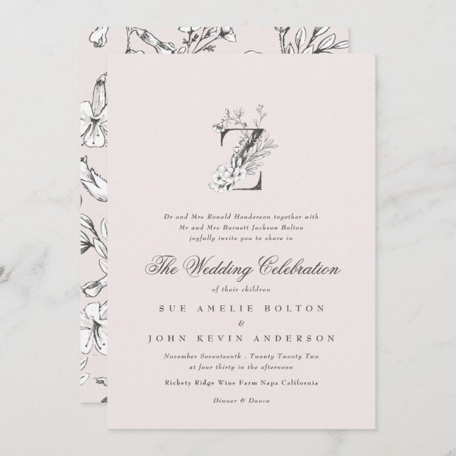 Beautiful Blush Floral 'Z' Monogram Sketched Invitation (Front/Back)