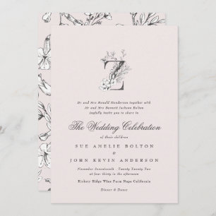 Beautiful Blush Floral 'Z' Monogram Sketched Invitation