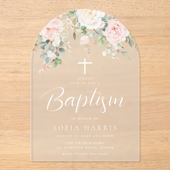 Beautiful Blush Flowers Baby Girls Baptism Acrylic Invitations (Front)