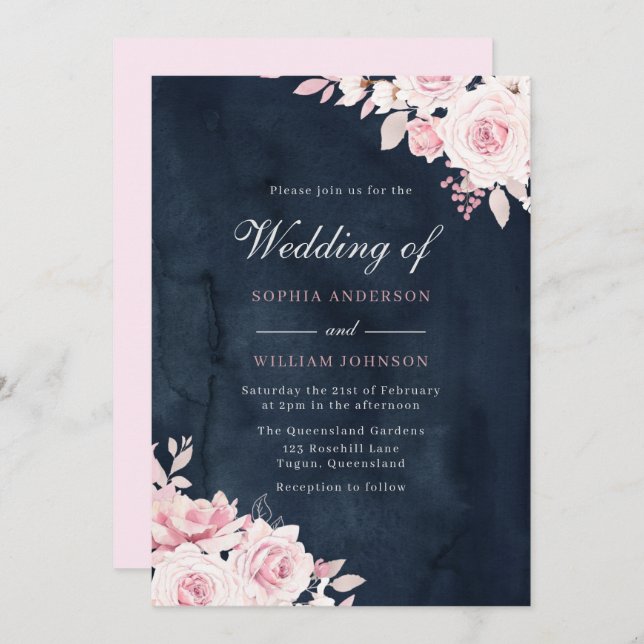 Beautiful Blush Flowers & Navy Watercolor Wedding Invitation (Front/Back)