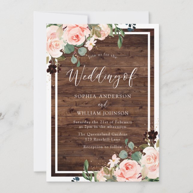 Beautiful Blush Flowers & Rustic Wood Wedding Invitation (Front)
