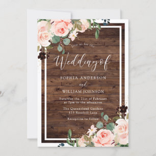 Beautiful Blush Flowers & Rustic Wood Wedding Invitation