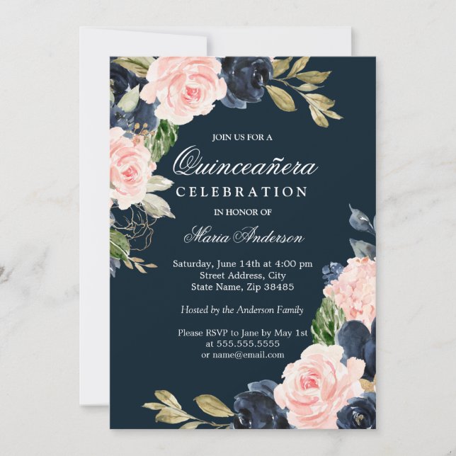 Beautiful Blush & Navy Elegant Quinceanera Party Invitation (Front)