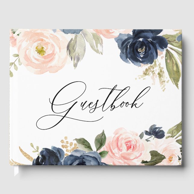 Beautiful Blush & Navy Floral Spring Wedding Guest Book (Front)