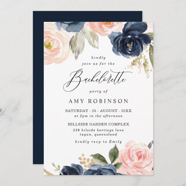 Beautiful Blush & Navy Flowers Bachelorette Party Invitation (Front/Back)