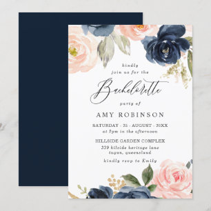 Beautiful Blush & Navy Flowers Bachelorette Party Invitation