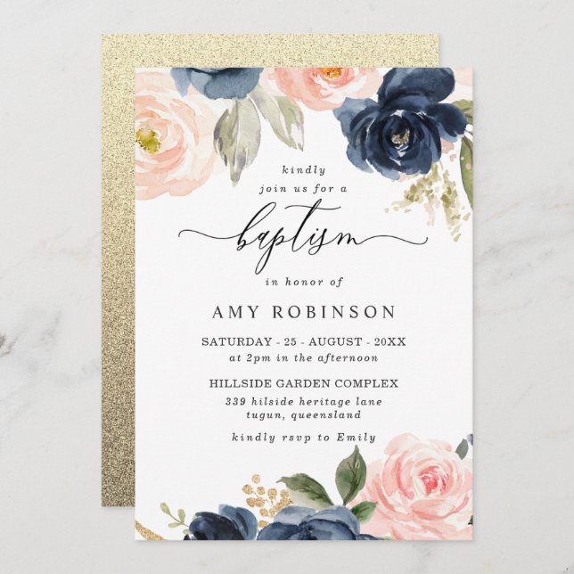 Beautiful Blush & Navy Flowers Boy Girl Baptism Invitation (Front/Back)
