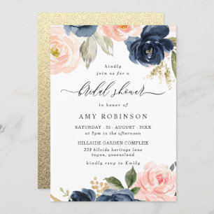 Beautiful Blush & Navy Flowers Bridal Shower Invitation