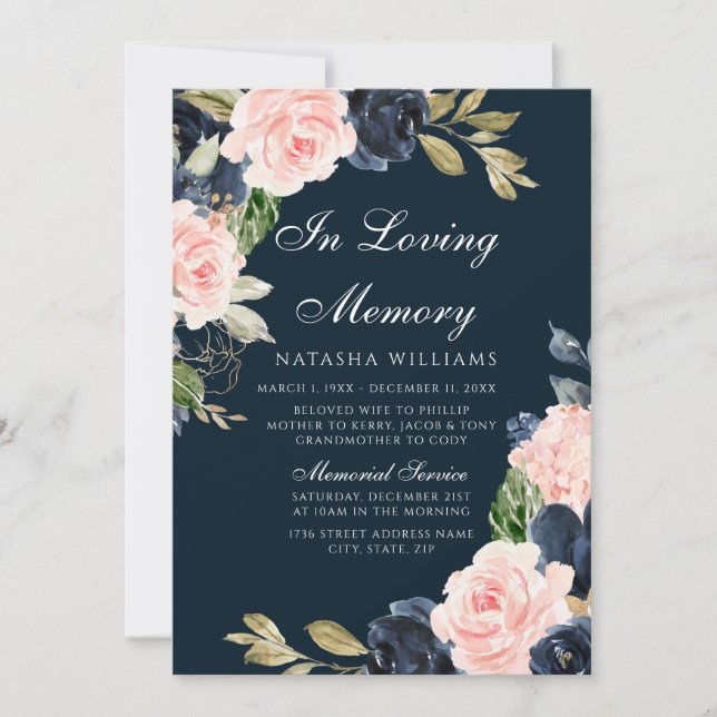Beautiful Blush Navy Funeral Service Announcement (Front)