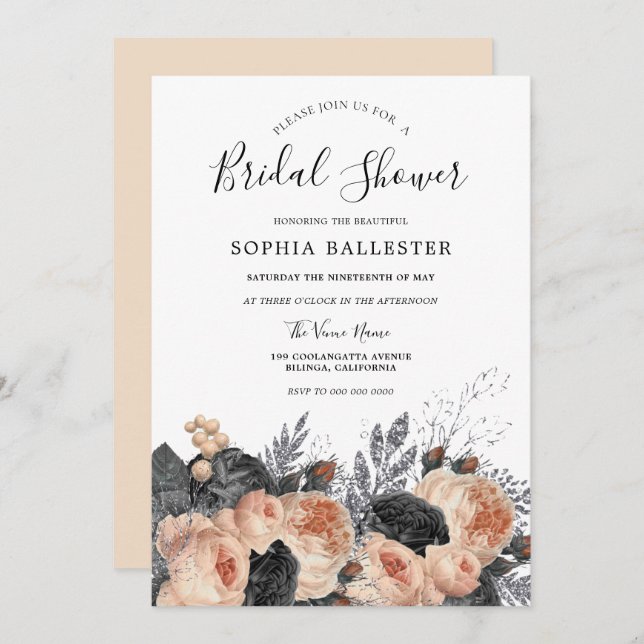 Beautiful Blush Peach Elegant Floral Bridal Shower Invitation (Front/Back)