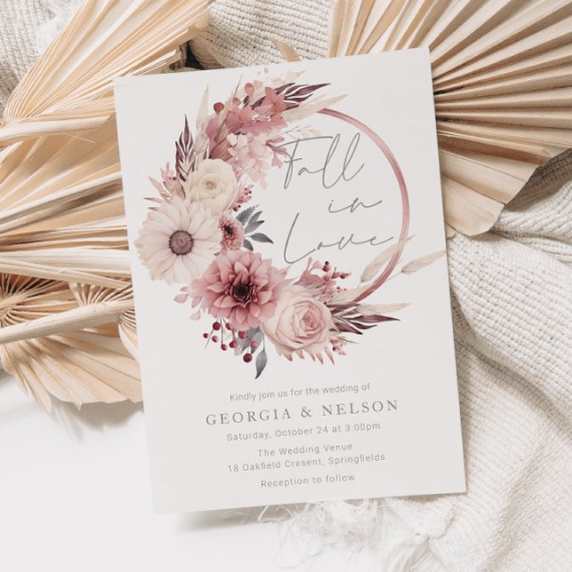 Beautiful Blush Pink Boho Fall Autumn Wedding Invitation (Creator Uploaded)