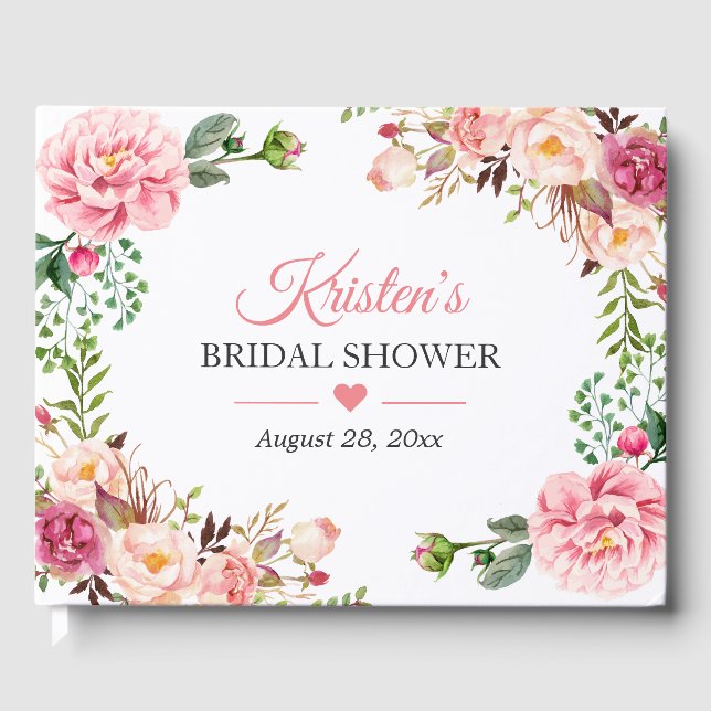 Beautiful Blush Pink Floral Bridal Shower Guest Book (Front)