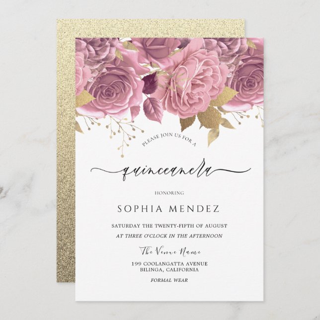 Beautiful Blush Pink Floral Gold Quinceanera Invitation (Front/Back)