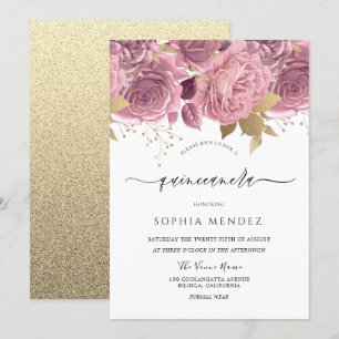 Beautiful Blush Pink Floral Gold Quinceanera Invitation