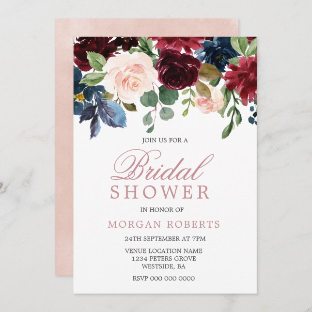 Beautiful Blush Pink Flowers Elegant Bridal Shower Invitation (Front/Back)