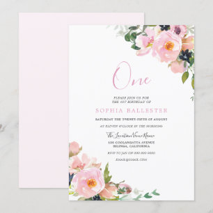 Beautiful Blush Pink Flowers Girls 1st Birthday Invitation