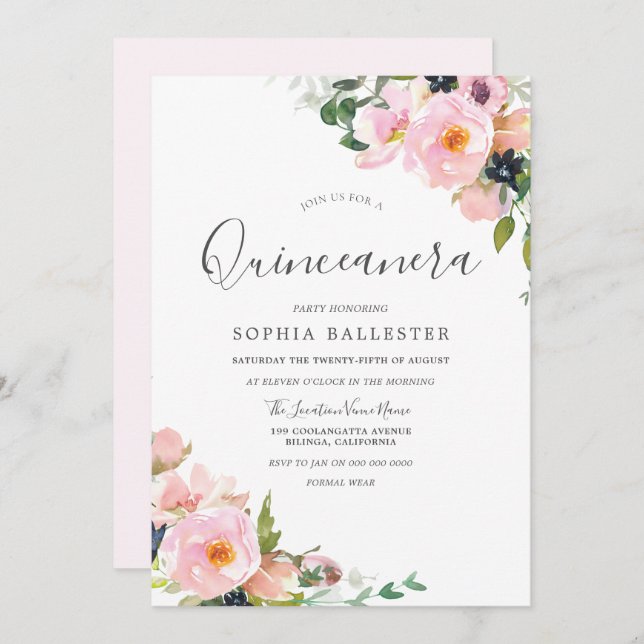 Beautiful Blush Pink Flowers Quinceanera Party Invitation (Front/Back)