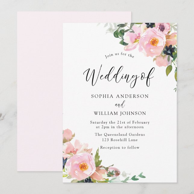 Beautiful Blush Pink Flowers Spring Wedding Invitation (Front/Back)