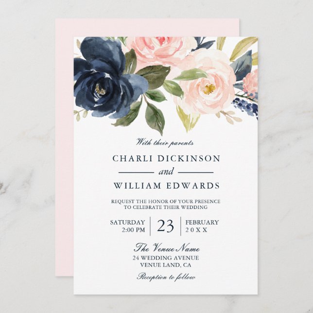 Beautiful Blush Pink & Navy Spring Wedding Invitation (Front/Back)