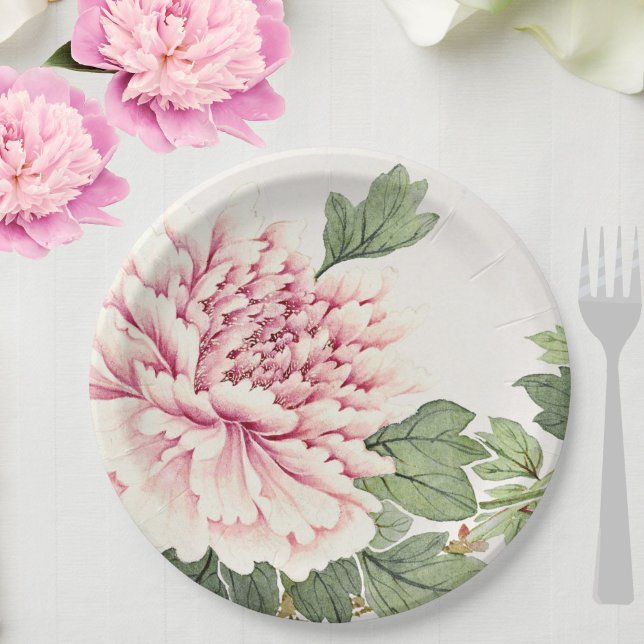 Beautiful Blush Pink Peony Romantic Floral Paper Plate (Pretty pink peony floral paper plates to grace your wedding, shower or special event.)