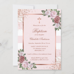 Beautiful Blush Pink Rose Gold Floral Baptism Invitation
