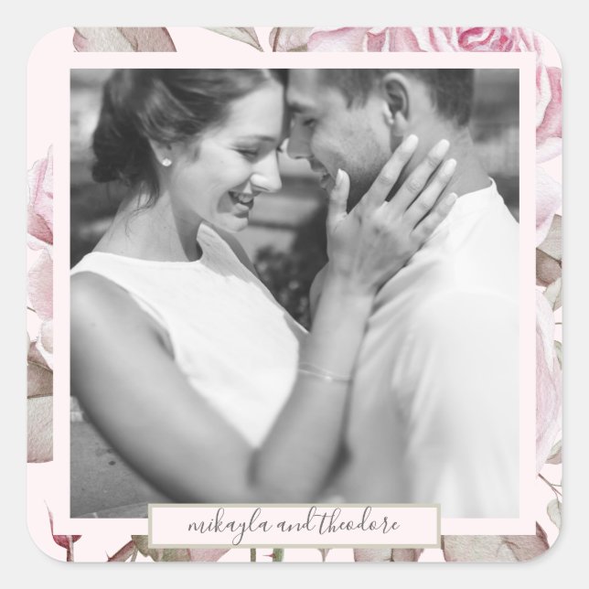 Beautiful Blush Pink Roses Wedding Photo Square Sticker (Front)