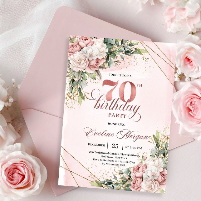 Beautiful Blush Pink Watercolor Floral 70 Birthday Invitation (Beautiful Blush Pink Watercolor Floral 70th Birthday Invitation)