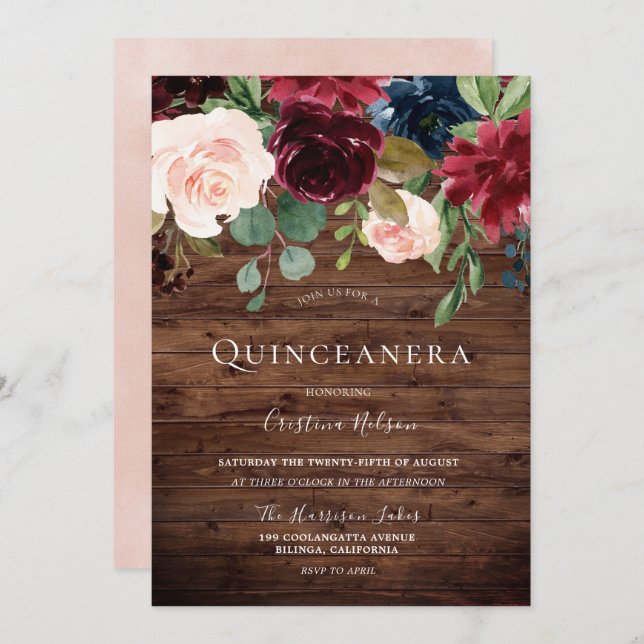 Beautiful Blush Rustic Burgundy Quinceanera Party Invitation (Front/Back)