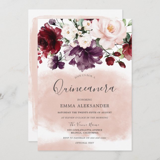 Beautiful Blush Watercolor Botanical Quinceanera Invitation (Front/Back)