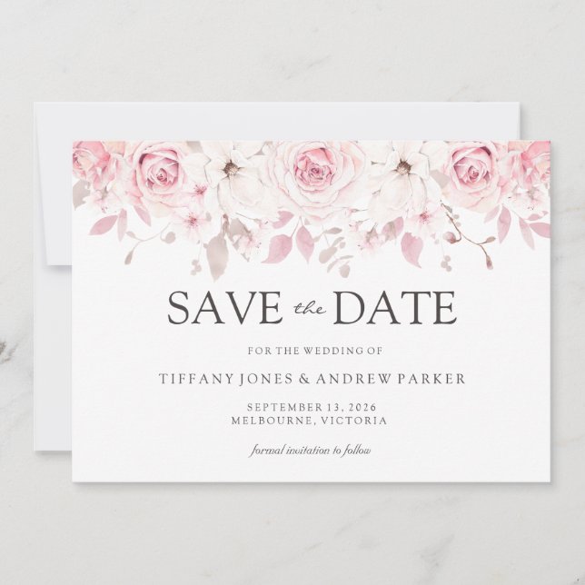 Beautiful Blush Watercolor Floral Save the date (Front)