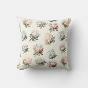 Beautiful blush white king protea flower pattern cushion