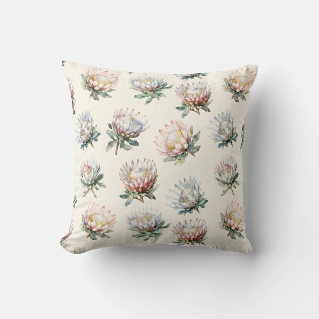 Beautiful blush white king protea flower pattern cushion (Front)