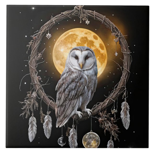 Beautiful Bohemian Dreamcatcher Owl Ceramic Tile (Front)
