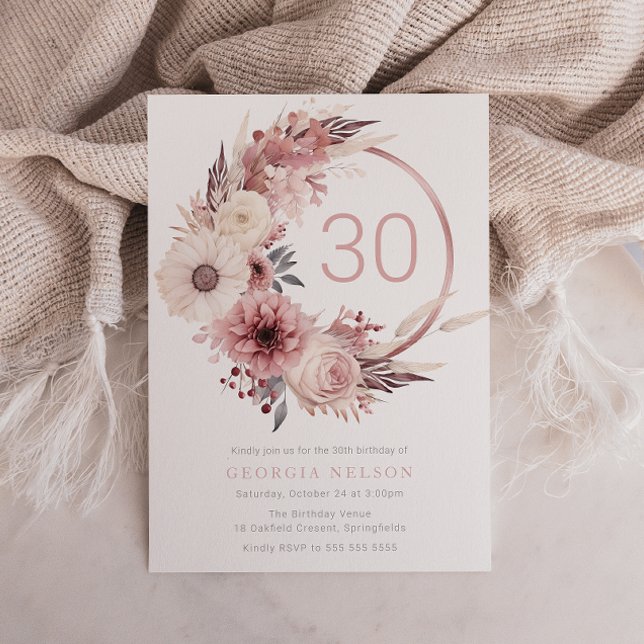 Beautiful Boho Blush 30th Birthday Party Invitation (Creator Uploaded)