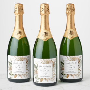 Beautiful Boho Botanical Chic White Wedding Sparkling Wine Label