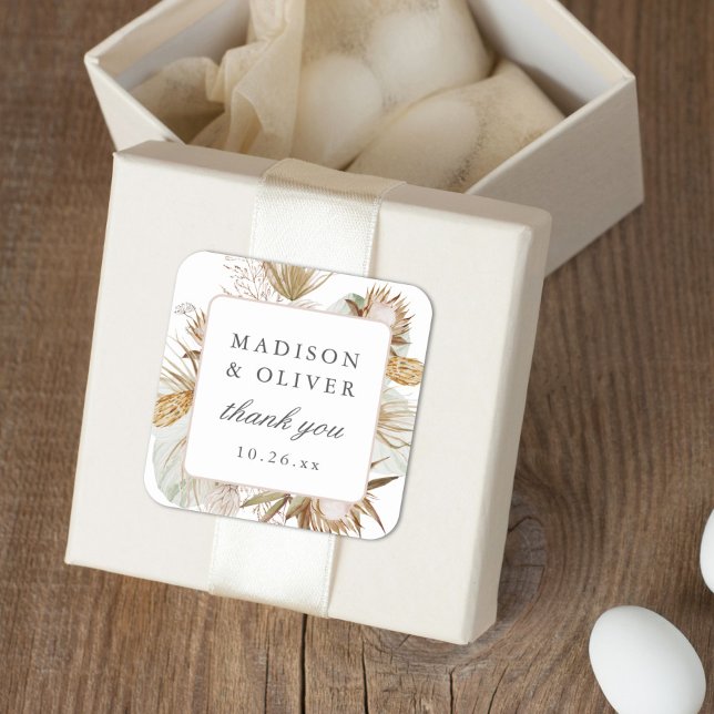 Beautiful Boho Botanical White Wedding Favour Square Sticker (Creator Uploaded)