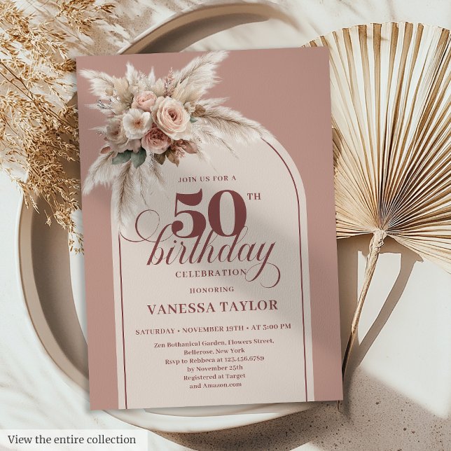 Beautiful Boho Dusty Rose Pampas Floral Fifty 50th Invitation (Beautiful Boho Dusty Rose Pampas Floral Fifty Birthday)