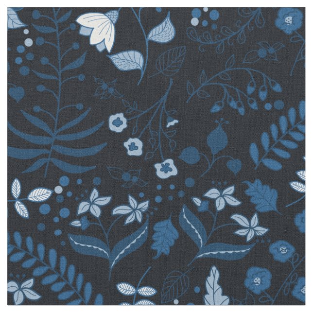 Beautiful Boho Floral Classic Blues Fabric (Close Up)